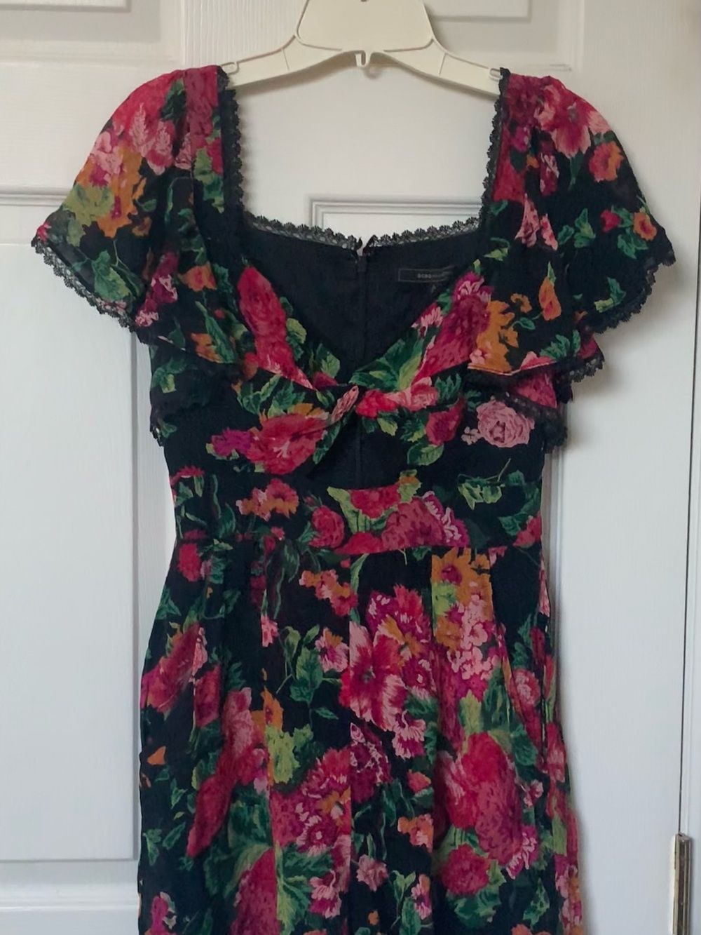 BCBGMaxAzria Black Floral Print Dress with Green and Pink Accents